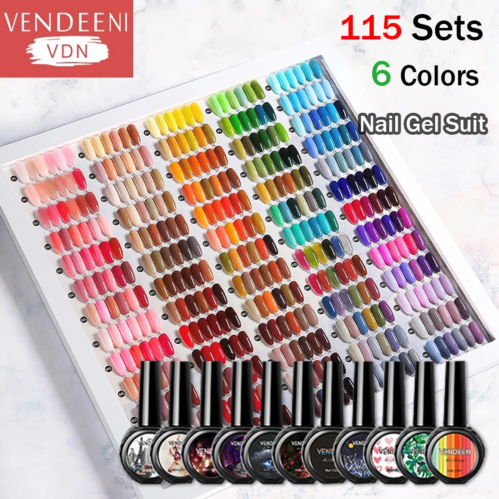 Photo Product Vendeeni 115 Styles Gel Nail Polish Kits 6 Colors/Set Sequin Glitter Cat Eye UV LED Nail Gel Lacquer Set Pure Color Gel Varnish