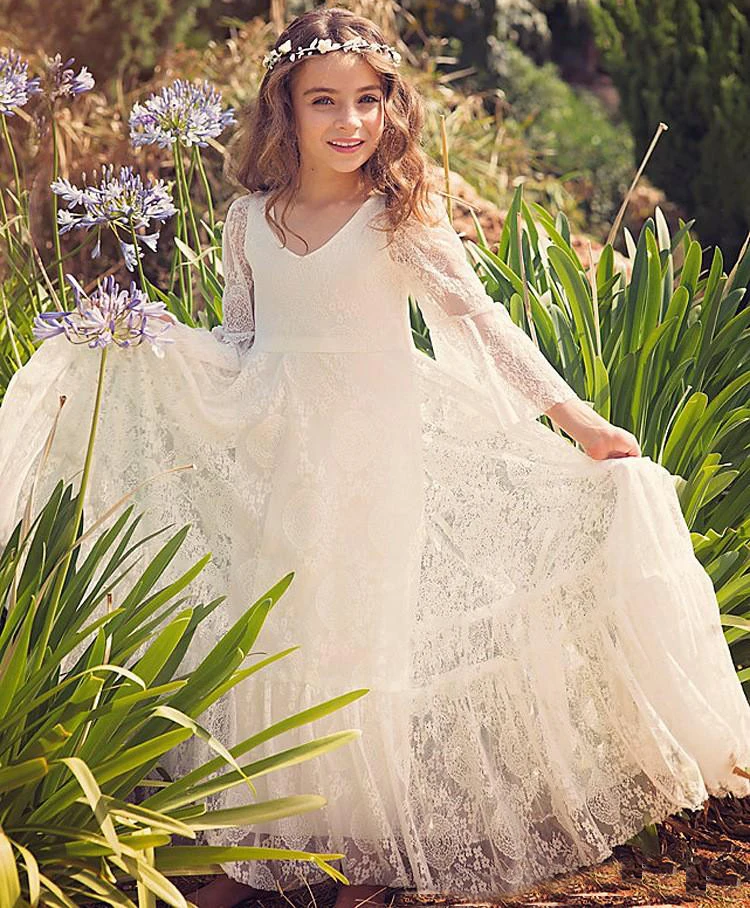 Cheap Kids Formal Wears Girls Birthday Dresses Long Sleeves Empire Boho Summer Beach Flower Girl Dresses For Garden Weddings