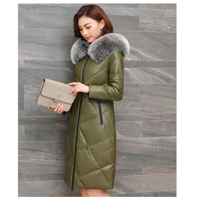 Женская куртка из овечьей кожи, пуховик из натуральной кожи, новинка, женские зимние длинные пальто с капюшоном и воротником из лисьего меха, большие размеры, Свободное пальто Q117