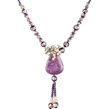 

Handmade Women Long Necklace Ethnic Stone Necklace Accessories Purple Vintage Ethnic Amethyst Style Fashion Jewelry