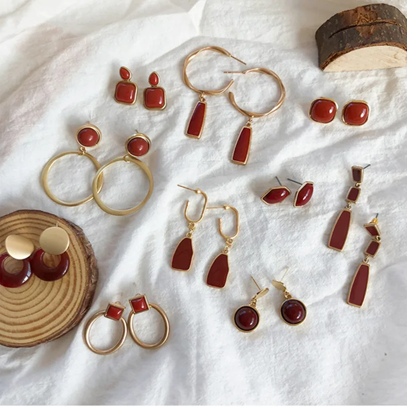 Женские матовые серьги в стиле ретро красные полимерные подвески золотистого цвета ювелирные изделия на