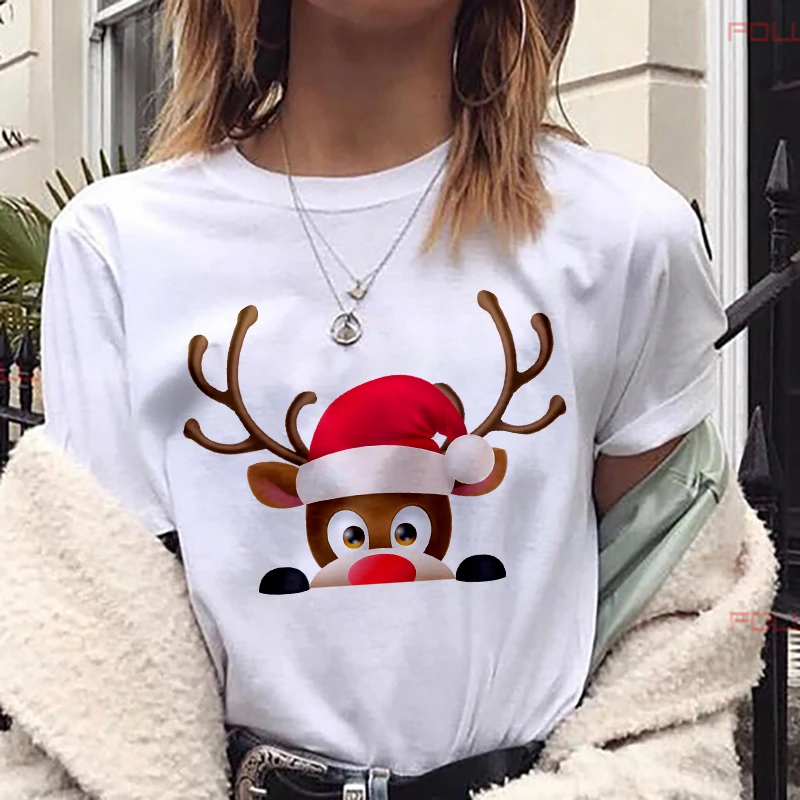 

MLCRIYG Women Fashion Tshirt Tops Cute Holiday Cartoon New Year Merry Christmas T-shirt Female Tee Shirt Casual Lady T-shirt Top
