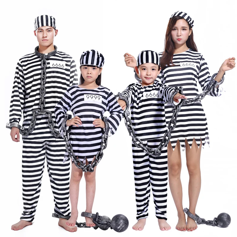 Umorden Carnival Party Halloween Prisoner Costume for Men Women Kids Child Family Violent Prisoner Costumes Fancy