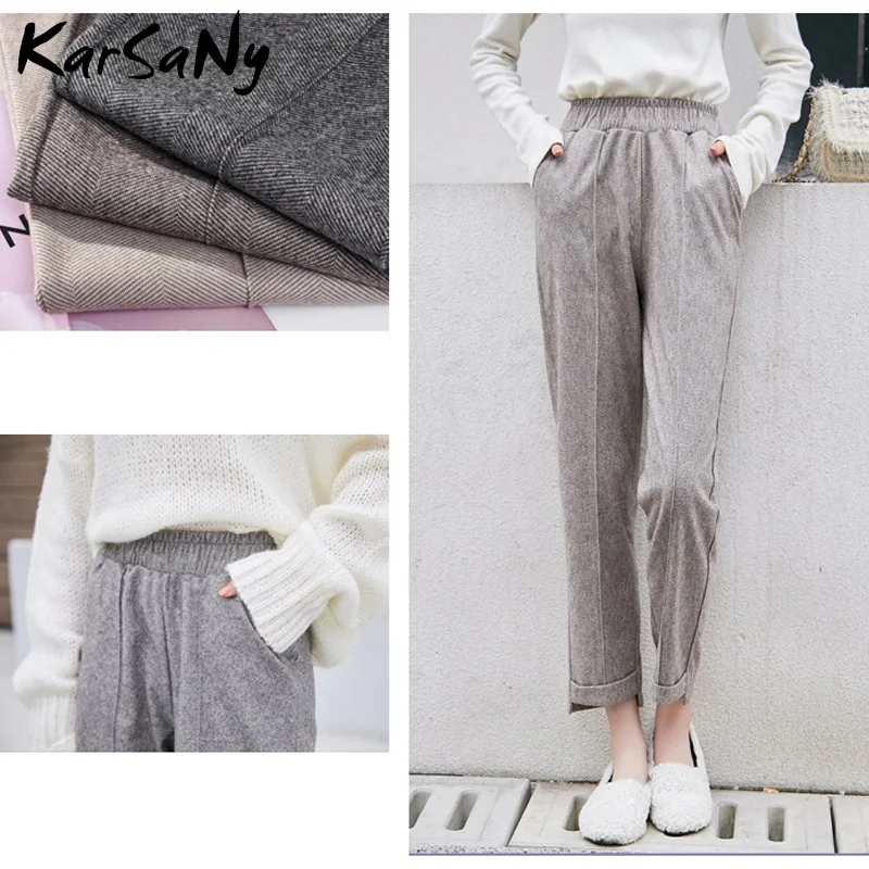 

KarSaNy Autumn Wineter Wool Pants Women High Waist Ankle-length Trousers Elastic Waist Women's Warm Harem Woolen Pants Office