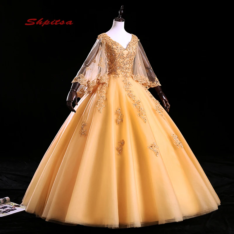 Платья Quinceanera желтого цвета с накидкой сладкий шестнадцать 16 дебютантка принцесса Пышное Бальное платье выпускного вечера платья для 15 лет