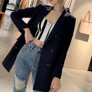 

Office Lady Solid Color Long Sleeve Double-breasted Lapel Collar Blazer Jacket