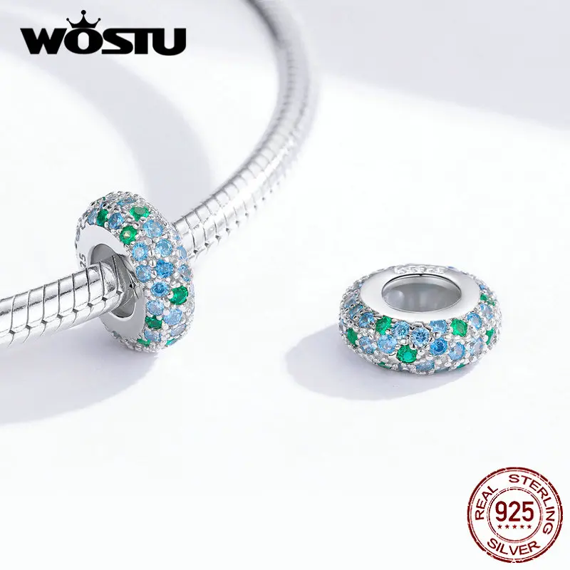 WOSTU 925 пробы, Серебряный двухцветный циркониевый ограничитель, силиконовые бусины, подходят для оригинальных браслетов и браслетов, DIY ювелирных изделий CTC119