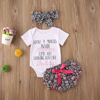 

0-24M new born baby Girls clothes Letter Short sleeve Bodysuits+Flower Shorts+Headband 3pcs clothing set summer princess Outfits