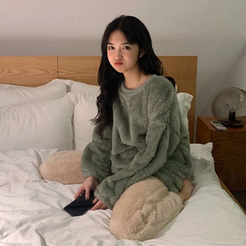 

2019 New Style Autumn And Winter Pajamas Women's Korean-style Loose Casual Thick Plush Warm Trousers Tracksuit Piece Fashion