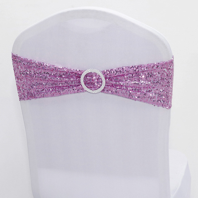 Quality Shiny Sequin Rose Gold Stretch Bands With Round Buckle For Wedding Events Party Decoration Spandex Chair Sashes
