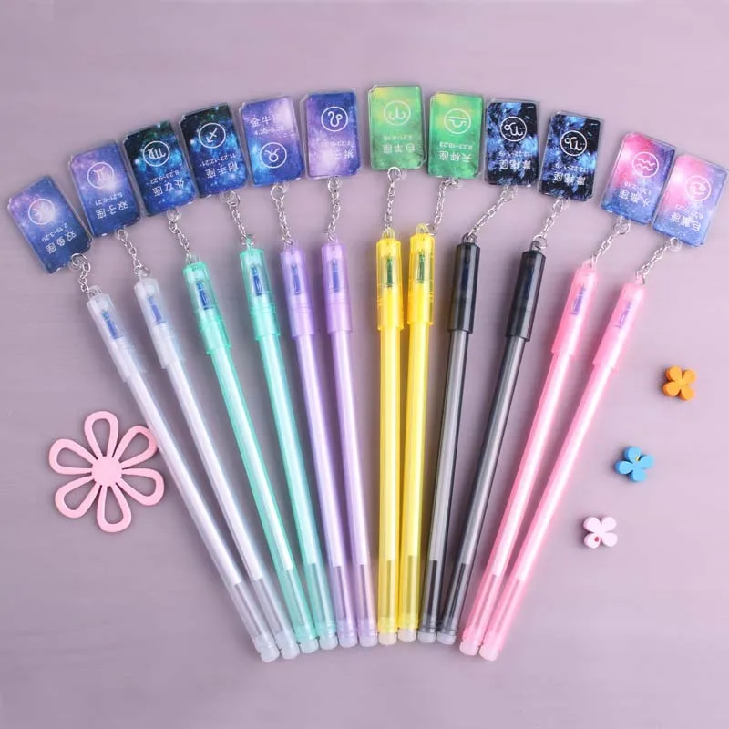 

12 Constellation Pendant Gel Pen Set Erasable Washable Handle Erasable Pen Refill 0.38mm Blue Ink Magic Pens for School 12pc/lot