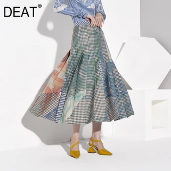 

DEAT High Waist Pleated Plaid Print Temperament Contrast Color Half-body Skirt Women Fashion Tide New summer 2020 1B7410