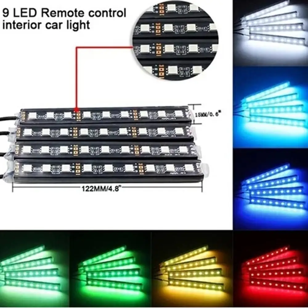 9LED атмосферный светильник s украшение интерьера автомобиля освещение в ногах с пультом дистанционного управления 4 в 1 красочный RGB светильник бар