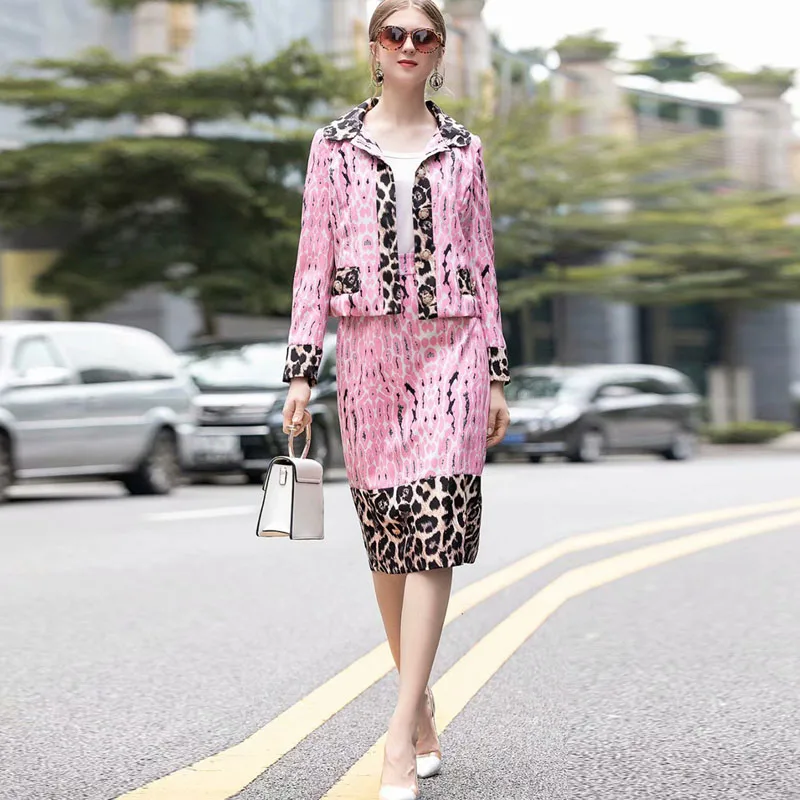 

Kate Middleton 2019 Autumn New Women Europe and America High Quality Designer Fashion Leopard Pink Set 2 Piece Small Suit