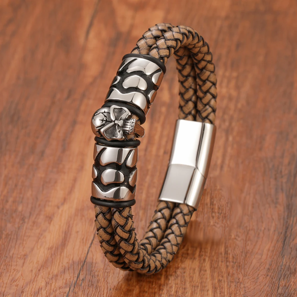 Fashion Men's Horror Skull Double Woven Genuine Leather Bracelet Stainless Steel Magnetic Clasp Jewelry Gift - Image 5