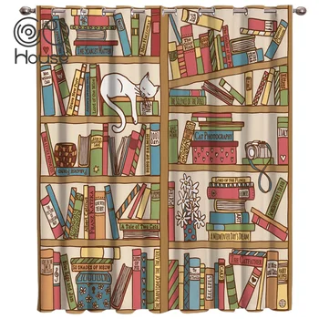 

Cartoon Bookshelf Sleeping Cat Room Curtains Large Window Curtain Lights Decor Bathroom Bedroom Kitchen Outdoor Kids Curtains