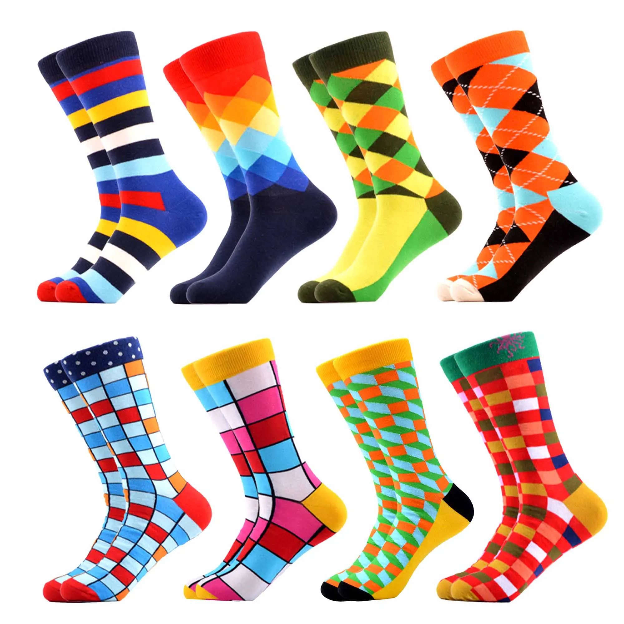 06646 (8pairs) SANZETTI/цветные мужские забавные носки без пятки из чесаного хлопка; одежда в стиле хип-хоп; Новинка; уличные носки для катания на коньках; носки для свадьбы; счастливый подарок - Цвет: 06646 (8pairs)