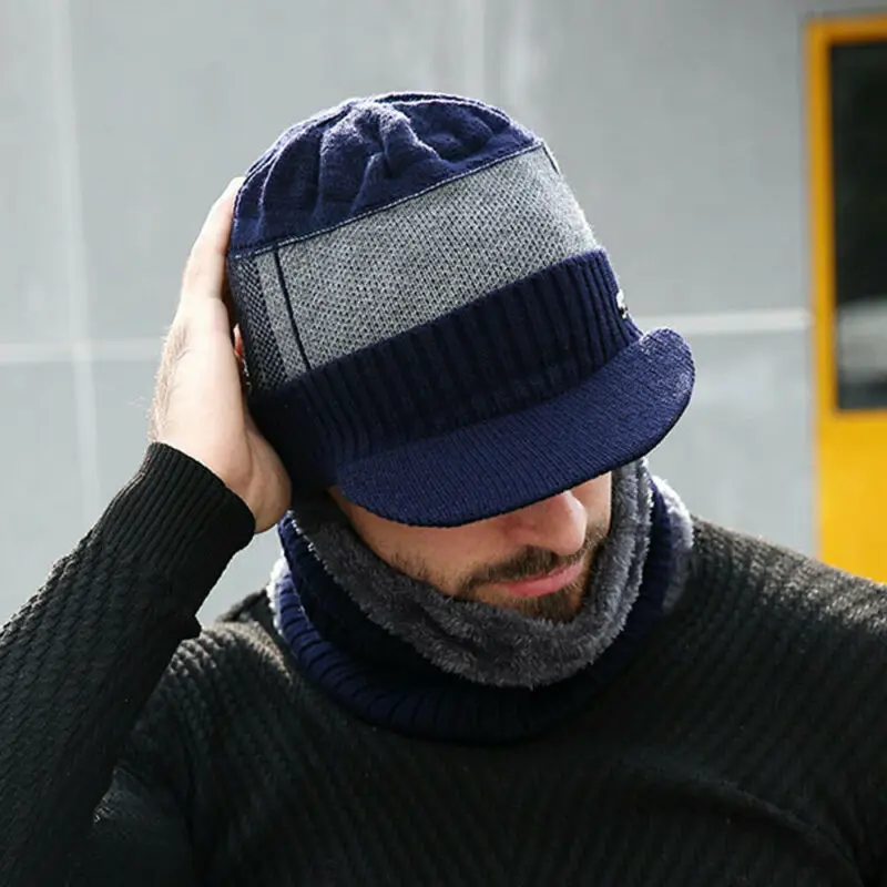 Men Winter Warm Hat Knit Visor Beanie 
