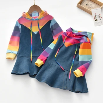 

Autumn Casual Baby Girls Long Sleeve Rainbow Striped Print Sweatshirt Denim Dress Kids Pageant Dresses