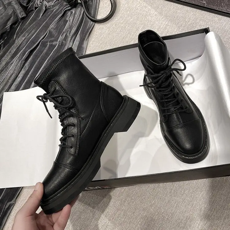 Boots Female Women Shoes Motorcycle Shoes Platforms Ankle Boots Wedges Female Lace Up Platforms Black Leather High Heels Woman