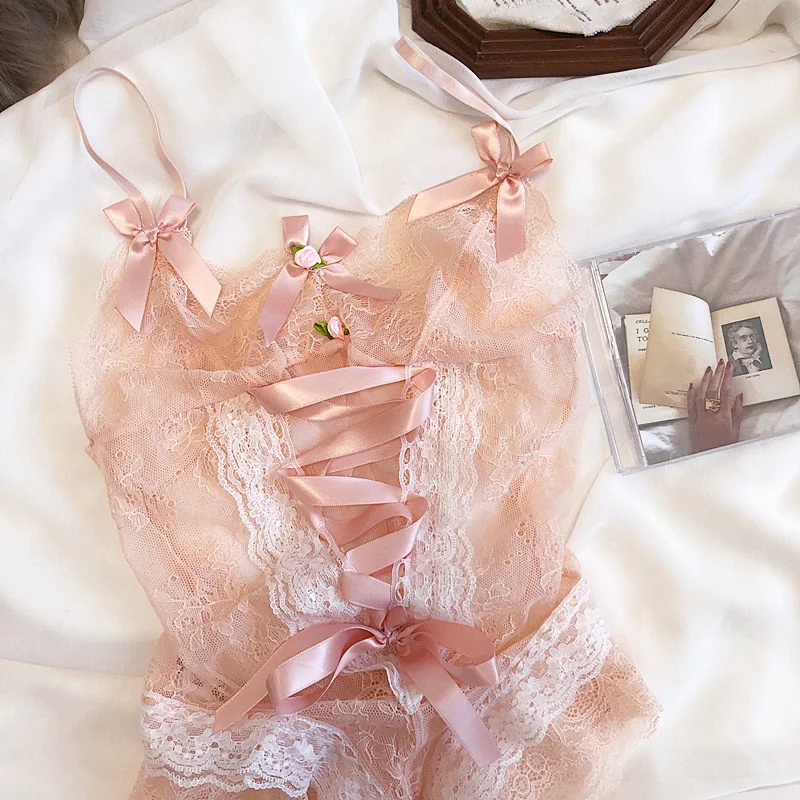 

Wriufred Sexy fairy pink strappy bow perspective bra set one-piece suit small night clothes temptation lace lingerie