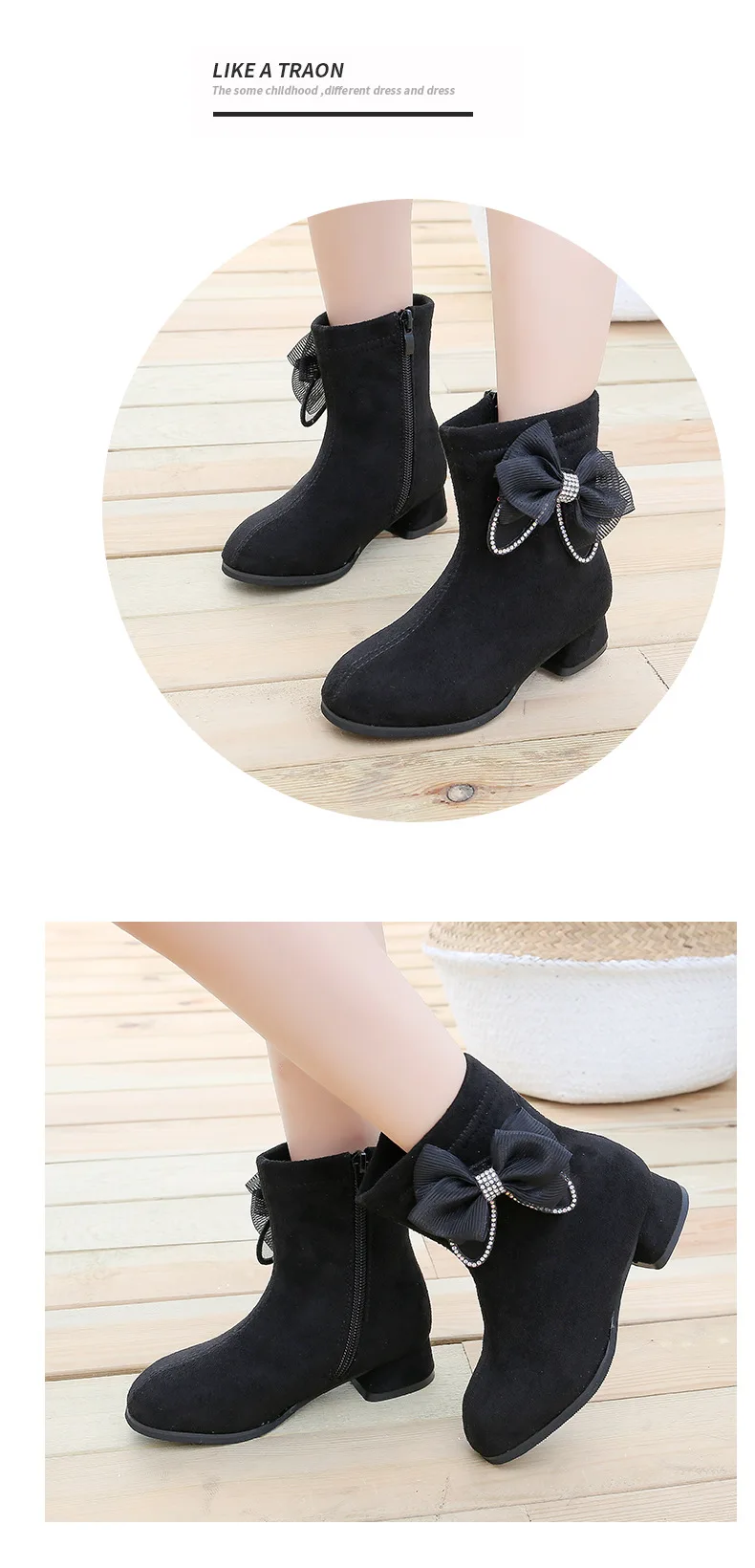 Winter Boots for Girls Shoes Fashion Rhinestone Bow Princess Boots Plus Velvet Warm Kids Shoes Heels Zip Children Martin Boots
