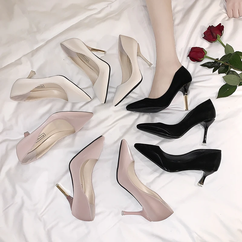 

African Woman Shoe Slip Om 2019 Beige High Heels Shallow Mouth Women's Shoes With Spikes Brief Pumps All-Match Lace-up Sandals