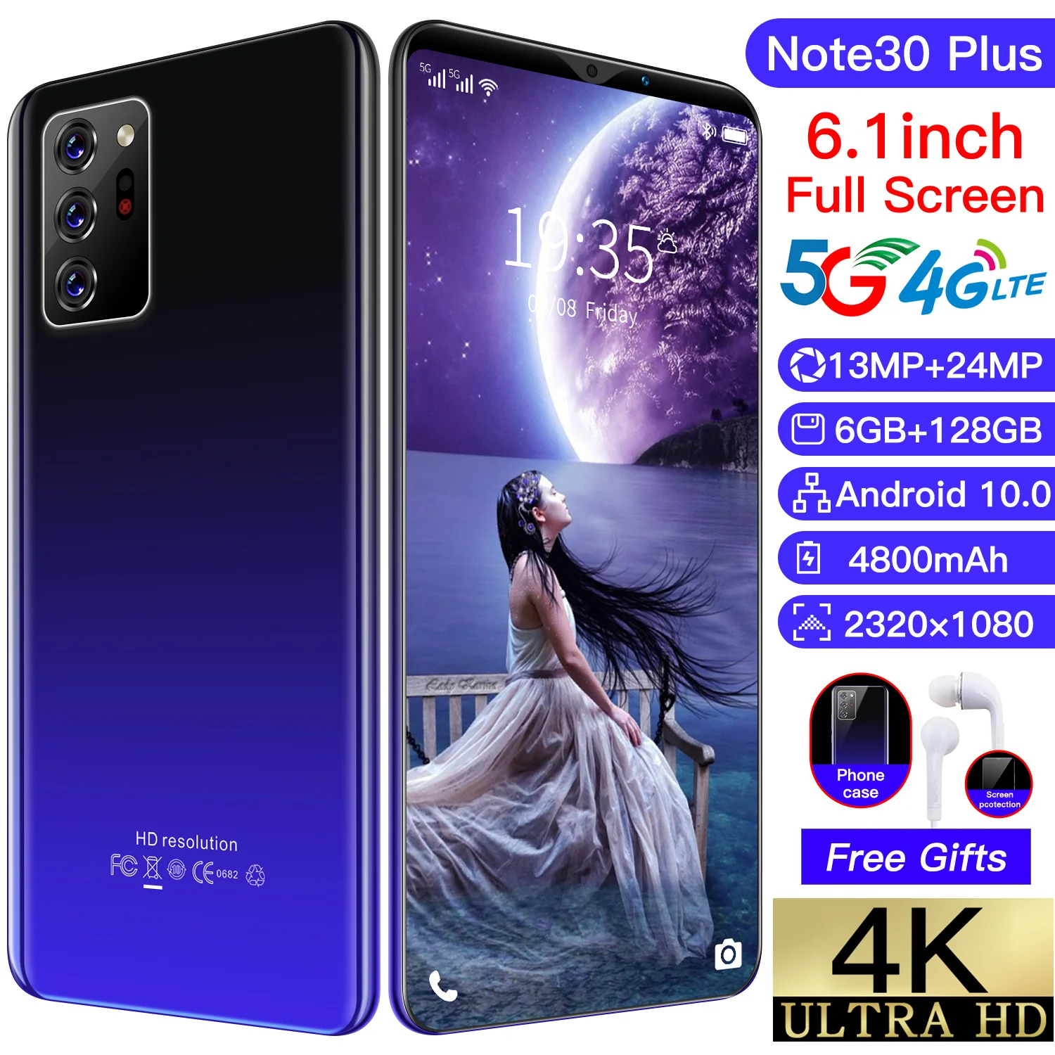 2021 Global Version Note30 Plus 6.1 Inch Smartphone 10 Core 4800mAh 6+128GB 13+24MP Face Unlock Dual SIM 4G LTE 5G Mobilephone