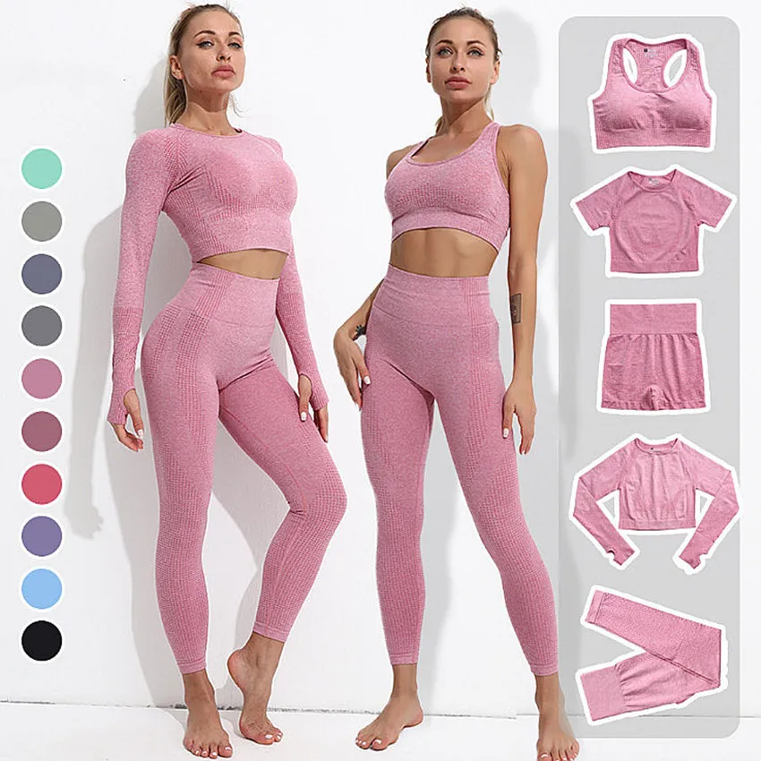 2/3/5PCS Seamless Women Yoga Set Workout Sportswear Gym Clothing Fitness Long Sleeve Crop Top High Waist Leggings Sports Suits | Спорт и