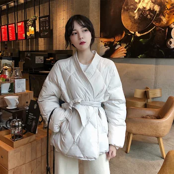 

Women Winter Coat 2020 Jacket Elegant Fashion Sashes Design Women Solid Sweet Plaid Duck Down Outwear Plus Size
