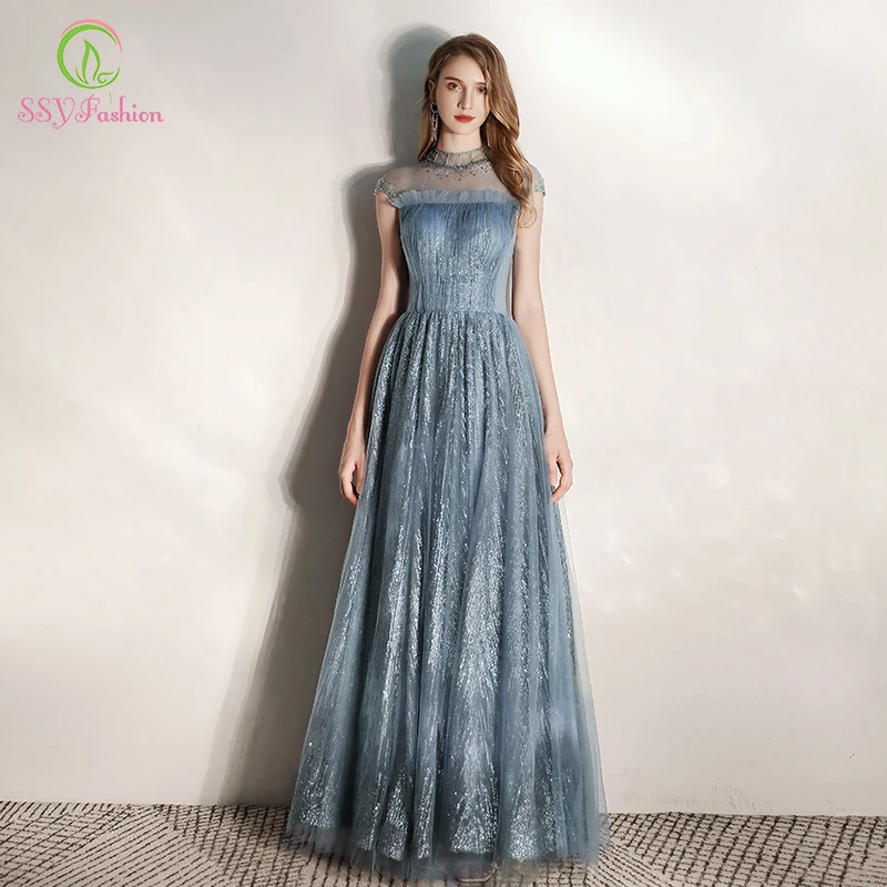 Женское вечернее платье до пола SSYFashion элегантное серого и синего цвета с