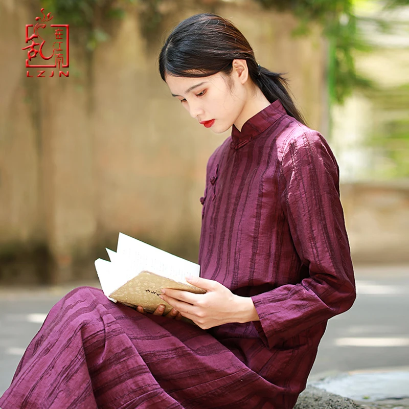 

LZJN Original Design Women Autumn Winter Dress Cheongsam Side Slit Long Sleeve Vintage Robe Slim Fit Strip Chinese Dress Qipao