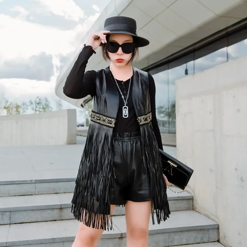 Punk Style Women Long Tassels Sleeveless Sheepskin Genuine Leather Vest Slim Fit Lady Diamonds Waistcoat Plus Size 4XL Vests Top petite long puffer coat