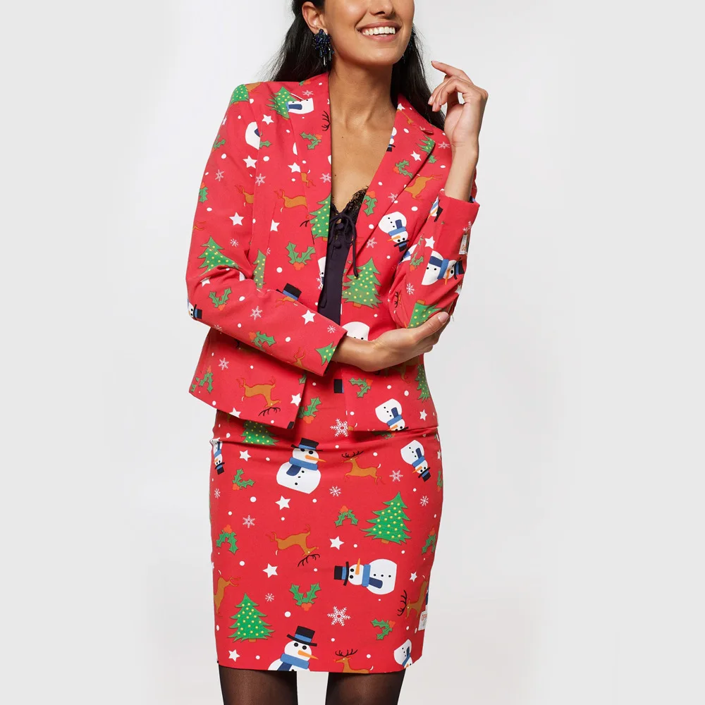 Горячая Распродажа, зимние, новогодние, вечерние, женские, рождественские костюмы с блейзером, с длинным рукавом, на одной пуговице, с принтом, юбка и пиджак - Цвет: red-1