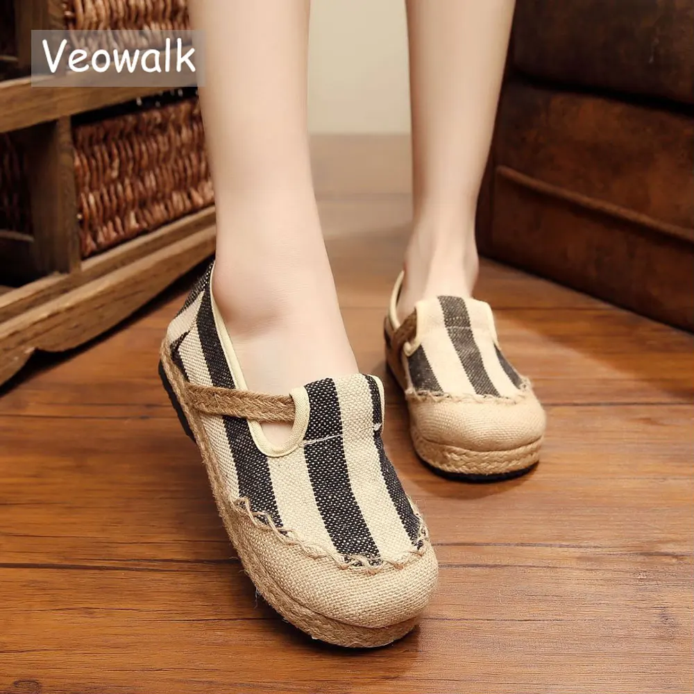 

Veowalk Striped Women Casual Cotton Cloth Loafers Handmade Slip on Ladies Thick Hemp Soled Canvas Flat Shoes Zapato Mujer