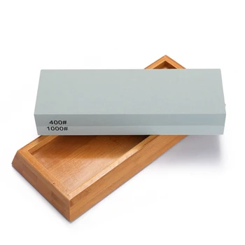 

Double-sided Bicolor Cutter Sharpener Stone for Kitchen White Corundum Sharpening Tool with Non-Slip Bamboo Base