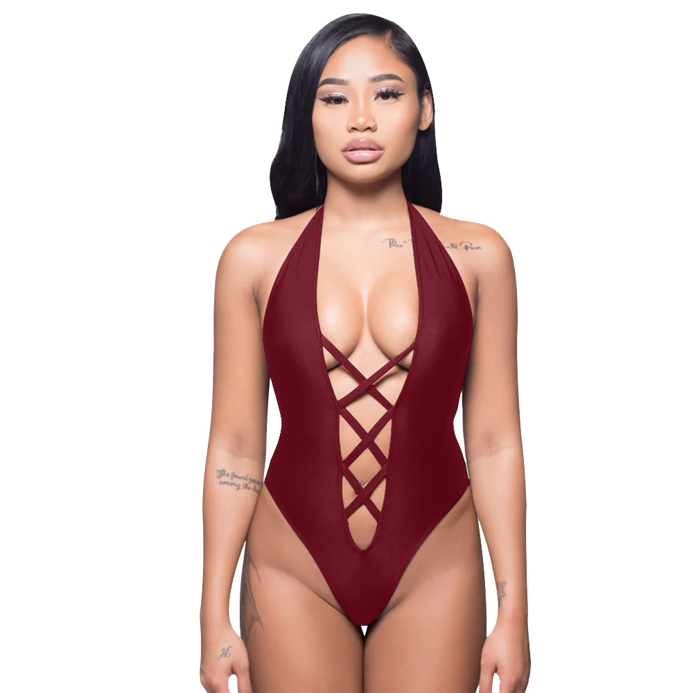 Red Sexy One Piece Swimsuit Female Mesh Brazilian Hollow Out Bandage Swimwear Women Beach Bathing Suit Monokini Swimsuit