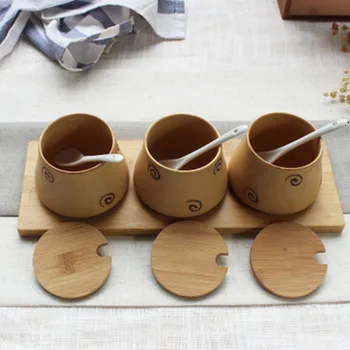

Japanese Style Bamboo Wooden Tray Multi-model Yellow Ceramic Seasoning Pot Set Home Kitchen Supplies Salt Sugar Pepper Bottle