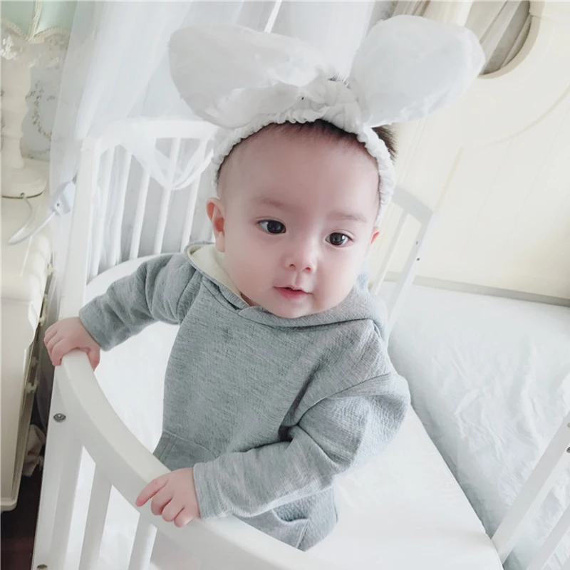 Solid Long Sleeve Hooded Bunny Tail Bodysuit with Kangaroo Pocket For Baby Girls Easter