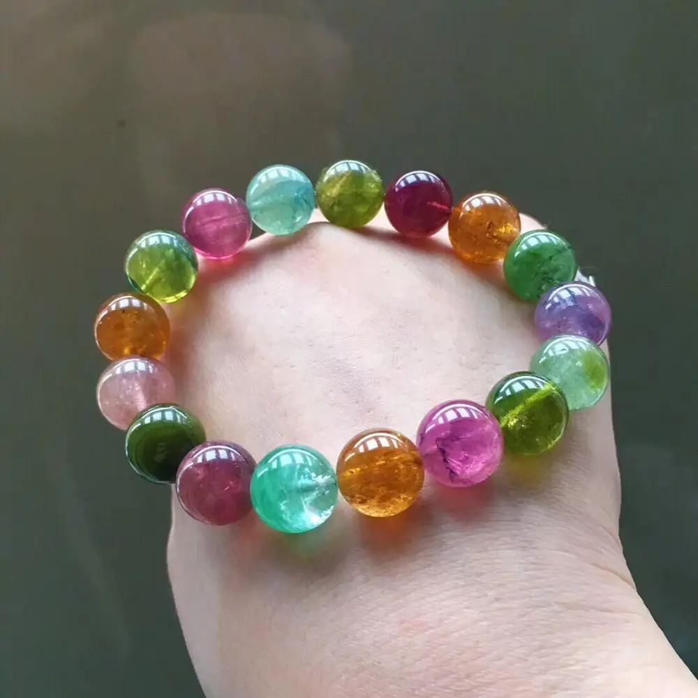 

Certificate Natural Colorful Tourmaline Rainbow Clear Round Beads Bracelet 12mm Brazil Women Men Crystal Jewelry AAAAAA