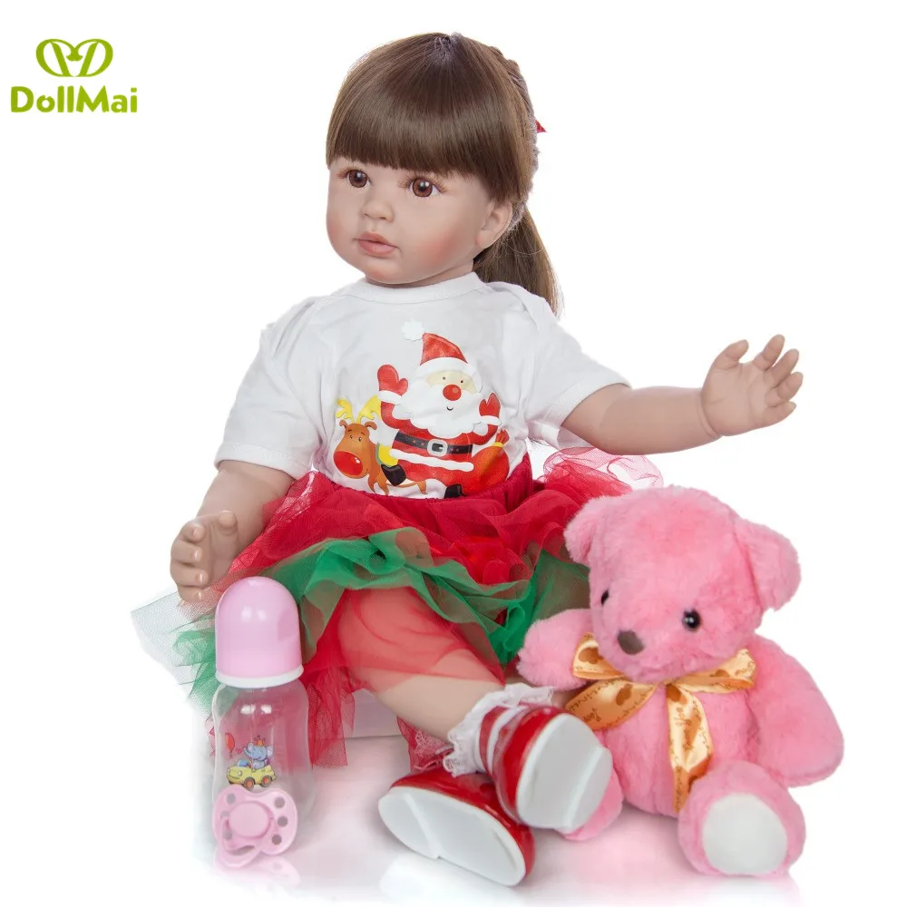 24 ”60 см Bebes Возрожденный силикон винил для малышей куклы-игрушки для девочек для детей подарок платье принцессы с медведем boneca reborn
