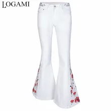 LOGAMI вышивка с высокой талией винтажные женские джинсы белые женские узкие джинсы винтажные повседневные джинсы