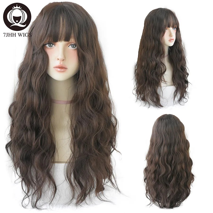 7JHH WIGS Blue Deep Wave Wig With Bangs For Women Long Omber Brown Hair Layered Heat Resistant Cosplay Party Synthetic Wig