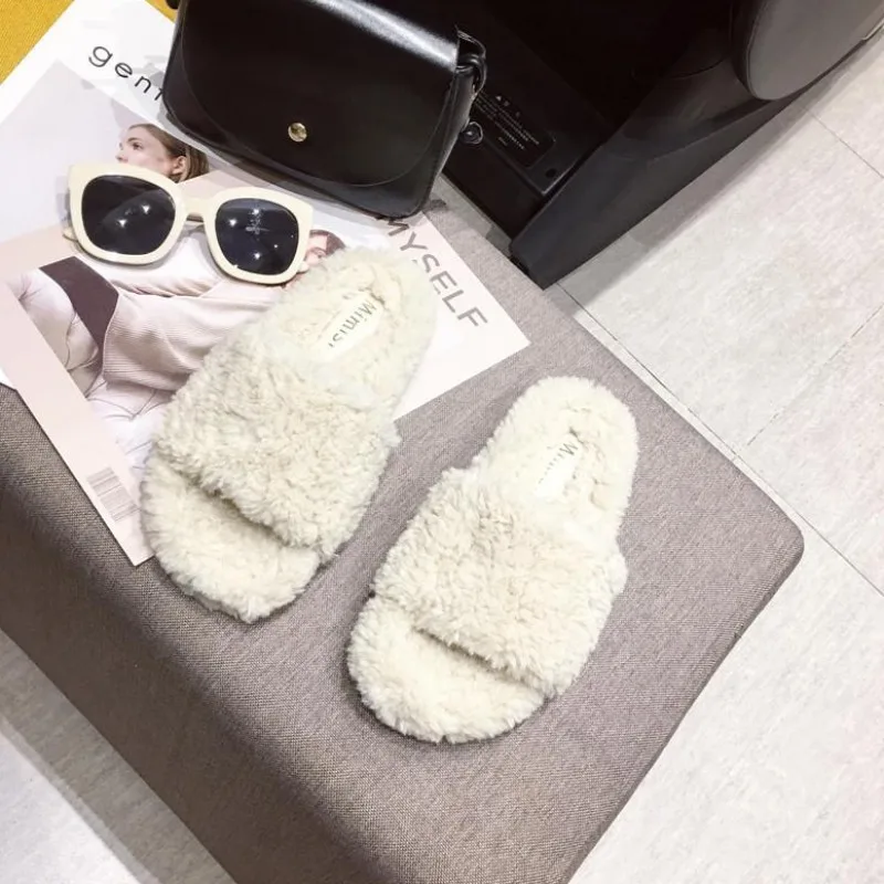 Women's Slippers Flock Slides Shoes Pokemon Plush New Fur Flat Fabric Autumn Basic Rubber Rome Bonded Leather Cotton