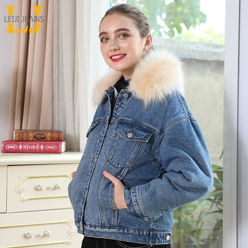Женская теплая джинсовая куртка LEIJIJEANS, повседневная куртка с большим меховым воротником, новая модная модель большого размера с начесом на зиму