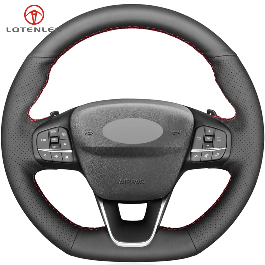 

LQTENLEO Black Genuine Leather Car Steering Wheel Cover For Ford Focus ST-Line 2018-2020 Focus ST 2018-2020 Fiesta ST 2017-2020