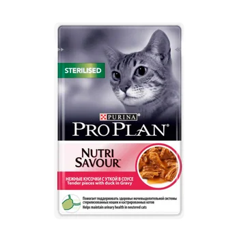 

Влажный корм Purina Pro Plan для стерилизованных кошек и кастрированных котов, утка в соусе, пауч, 85 г