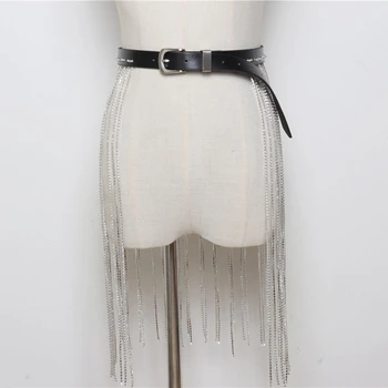 

WKOUD EAM 2020 New Shiny Diamond Tassel Waistband Women Wild Personality High Quality Metal Buckle Leather Belt Tide PE073