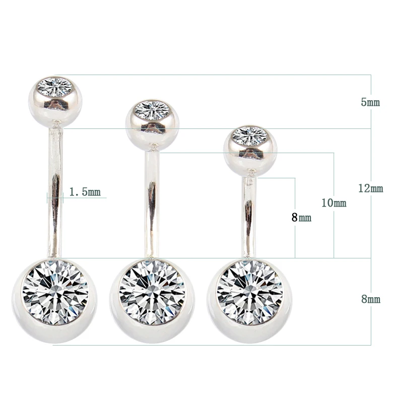Real 925 sterling silver belly button ring clear double zircon stones body jewelry ball navel bar piercing jewelry free shipping