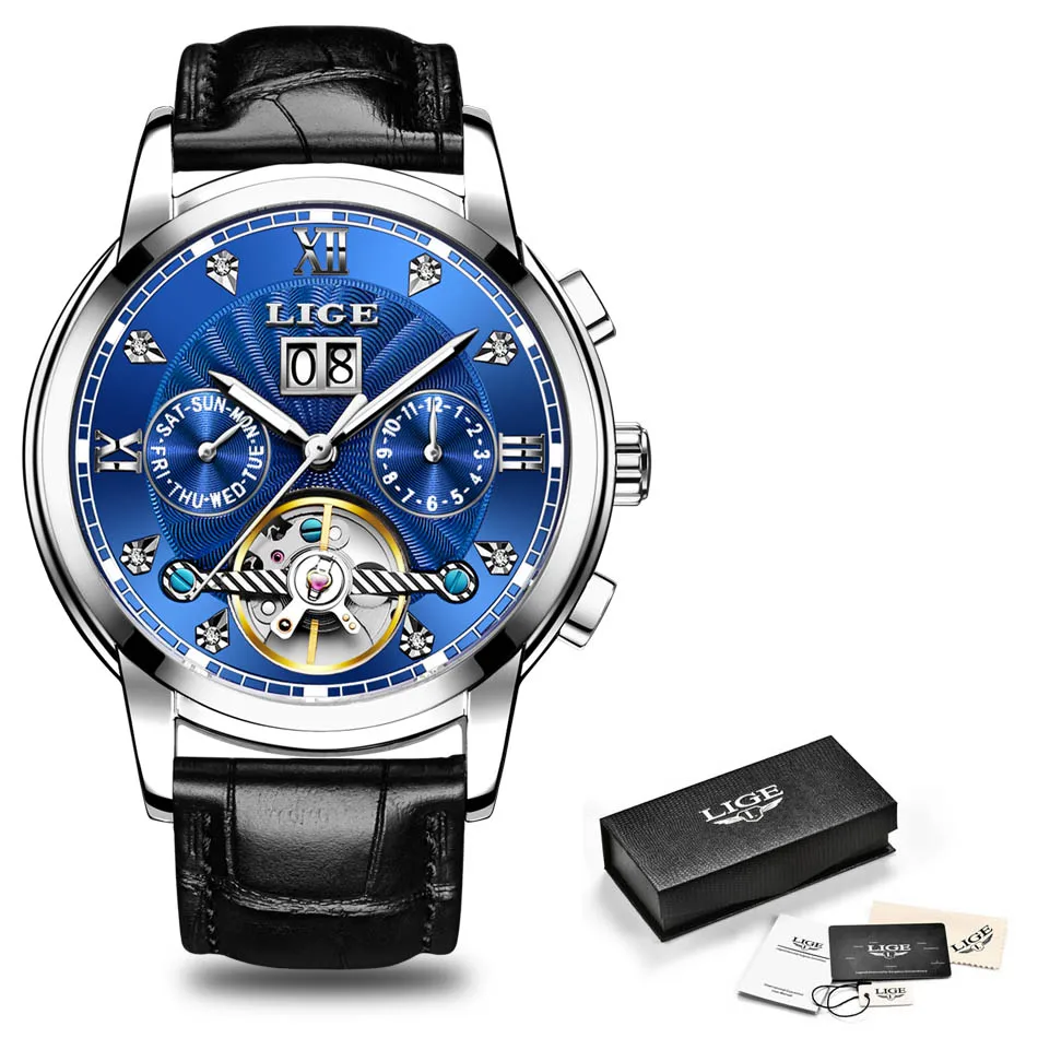Silver blue LIGE оригинальные часы для мужчин автоматические механические часы с турбийоном Роскошные модные спортивные часы из нержавеющей стали для мужчин s Relogio Masculino - Цвет: Silver blue